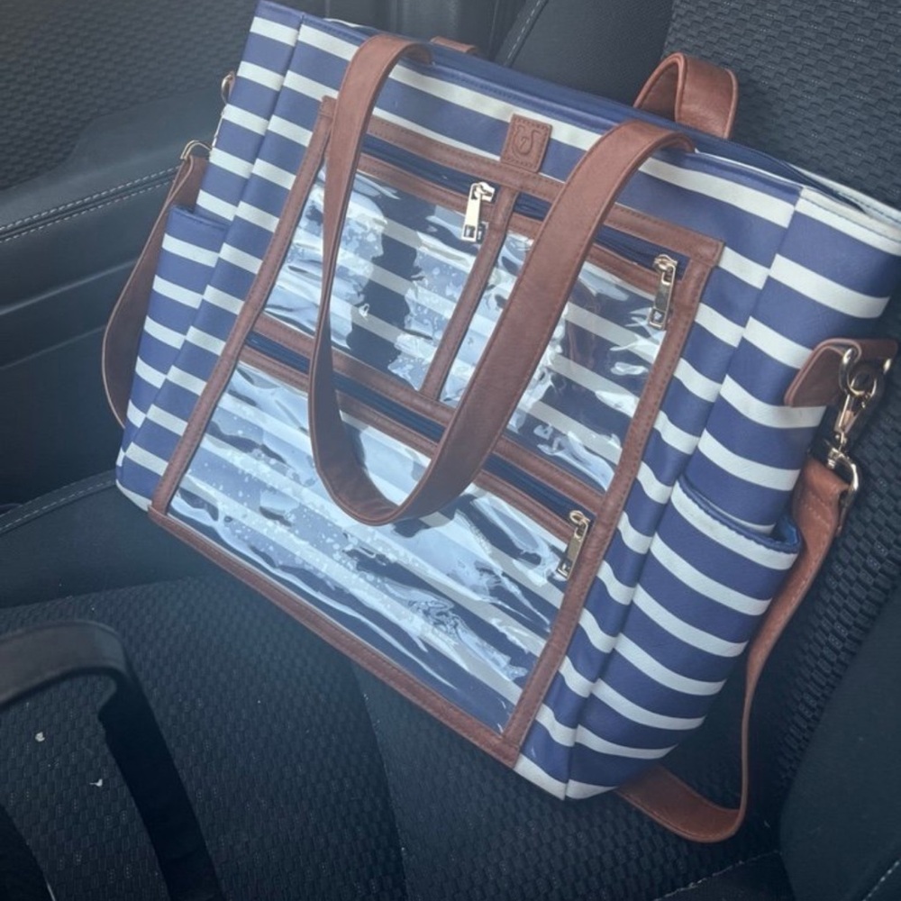 Lucky 7 Large Striped Tote Bag Blue White Canvas Leather Trim Work Bag